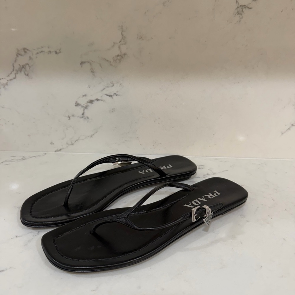 Prada Black Thong Sandals with Silver Logo Charm - Picture 5 of 6